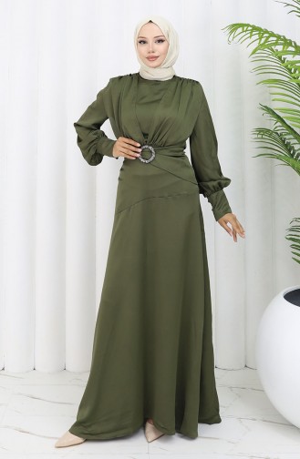 Robe De Soirée Superposée En Satin 6001-04 Kaki 6001-04