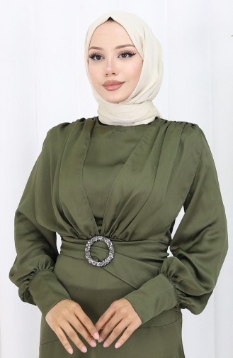 Robe De Soirée Superposée En Satin 6001-04 Kaki 6001-04