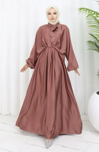 Kravat Yaka Saten Elbise 6204-01 Kahverengi
