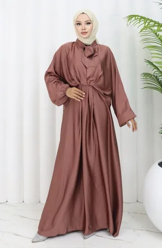 Kravat Yaka Saten Elbise 6204-01 Kahverengi