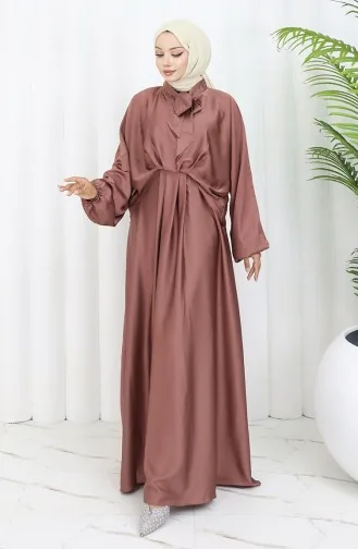 Kravat Yaka Saten Elbise 6204-01 Kahverengi