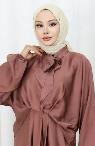 Kravat Yaka Saten Elbise 6204-01 Kahverengi