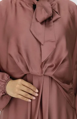 Kravat Yaka Saten Elbise 6204-01 Kahverengi