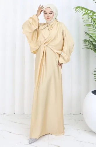 Kravat Yaka Saten Elbise 6204-03 Bej