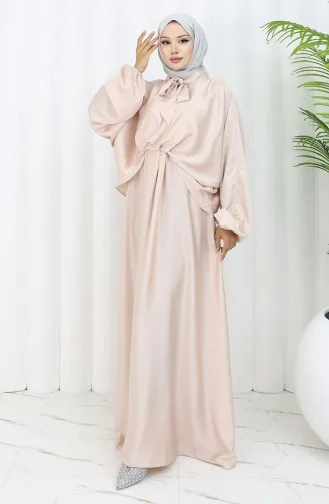 Kravat Yaka Saten Elbise 6204-04 Pudra