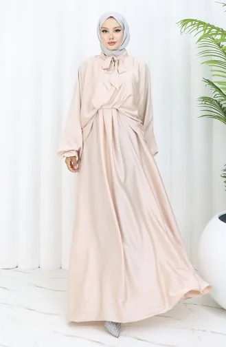 Kravat Yaka Saten Elbise 6204-04 Pudra