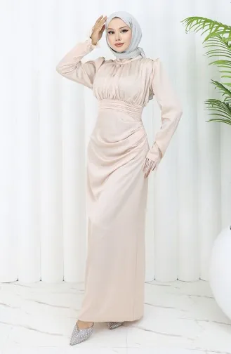 Geplooide Gedetailleerde Satijnen Avondjurk 6374-04 Crème 6374-04