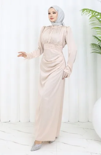 Geplooide Gedetailleerde Satijnen Avondjurk 6374-04 Crème 6374-04