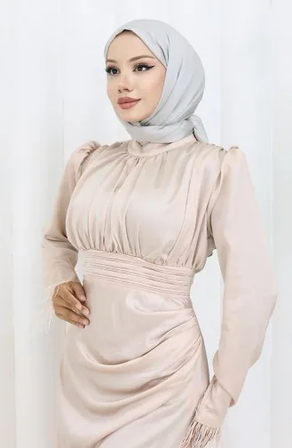 Geplooide Gedetailleerde Satijnen Avondjurk 6374-04 Crème 6374-04