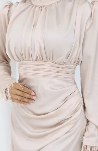 Geplooide Gedetailleerde Satijnen Avondjurk 6374-04 Crème 6374-04