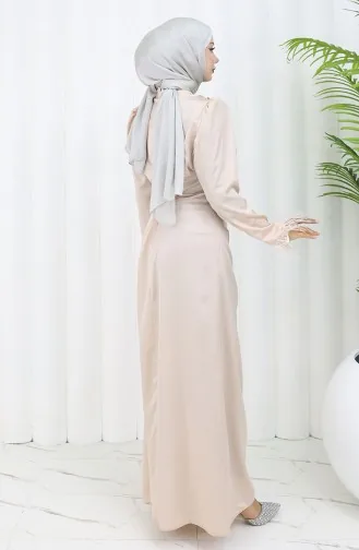 Geplooide Gedetailleerde Satijnen Avondjurk 6374-04 Crème 6374-04