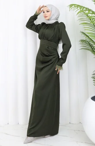 Pleated Detailed Satin Evening Dress 6374-05 Khaki 6374-05
