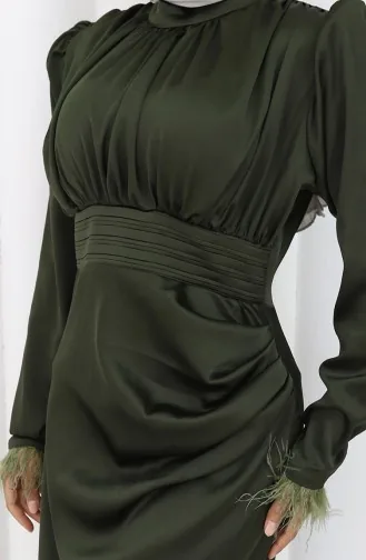 Pleated Detailed Satin Evening Dress 6374-05 Khaki 6374-05