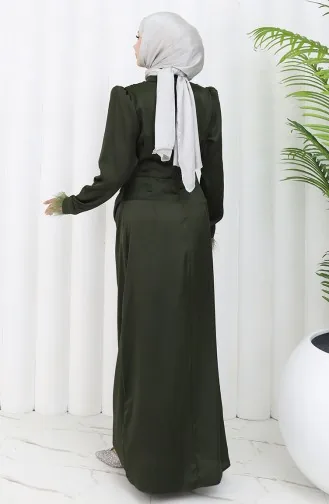 Pleated Detailed Satin Evening Dress 6374-05 Khaki 6374-05