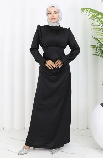 Pleated Satin Evening Dress 6374-06 Black 6374-06