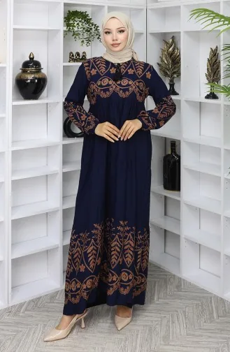 Gestreepte Viscose Jurk 4076-01 Marineblauw 4076-01