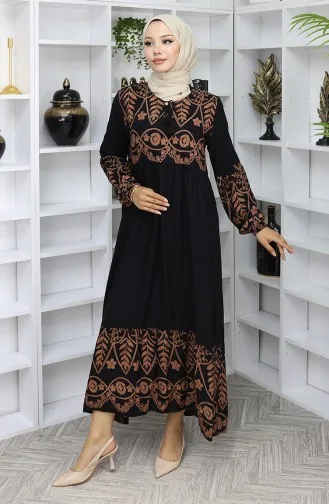 فستان منقوش من الفيسكوز 4076-02 أسود 4076-02