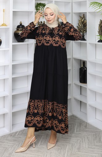 Desenli Viskon Elbise 4076-02 Siyah