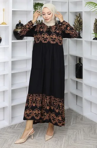 فستان منقوش من الفيسكوز 4076-02 أسود 4076-02