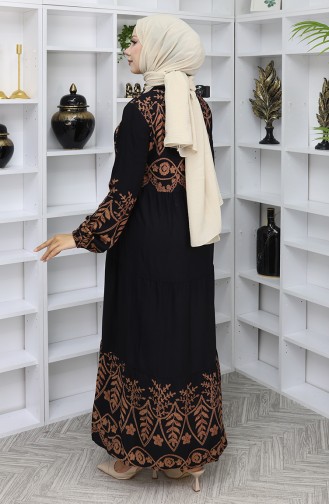 Desenli Viskon Elbise 4076-02 Siyah