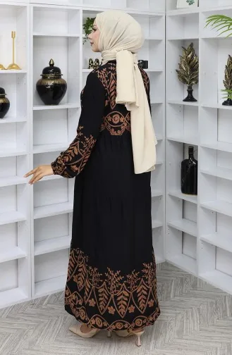 فستان منقوش من الفيسكوز 4076-02 أسود 4076-02