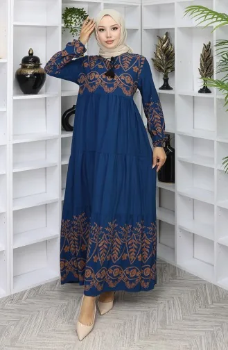 Desenli Viskon Elbise 4076-03 Petrol