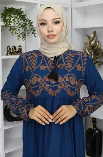 Desenli Viskon Elbise 4076-03 Petrol