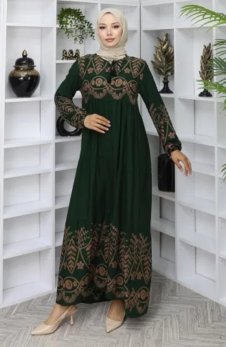 Desenli Viskon Elbise 4076-04 Zümrüt Yeşili
