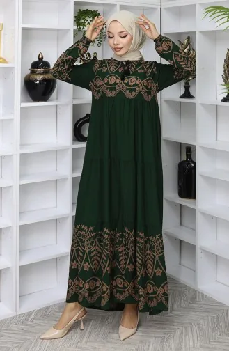 Desenli Viskon Elbise 4076-04 Zümrüt Yeşili