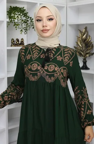 Desenli Viskon Elbise 4076-04 Zümrüt Yeşili