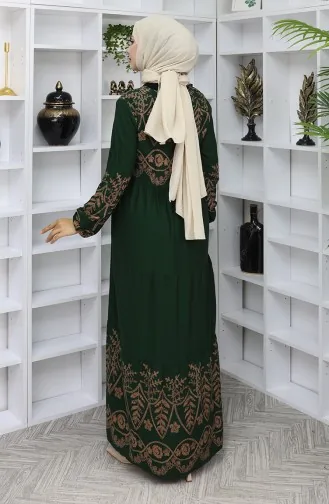 Desenli Viskon Elbise 4076-04 Zümrüt Yeşili