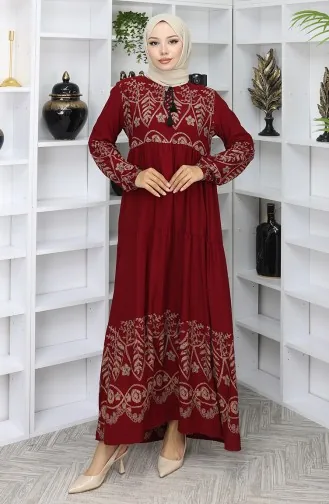 فستان من الفيسكوز المنقوش 4076-05 أحمر كلاريت 4076-05
