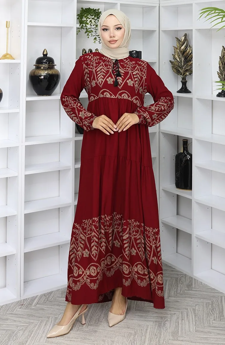 فستان من الفيسكوز المنقوش 4076-05 أحمر كلاريت 4076-05