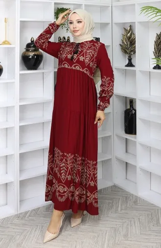 فستان من الفيسكوز المنقوش 4076-05 أحمر كلاريت 4076-05