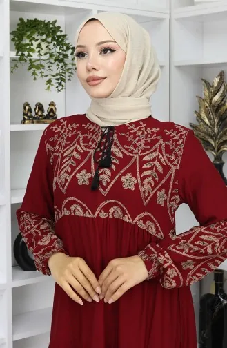 فستان من الفيسكوز المنقوش 4076-05 أحمر كلاريت 4076-05