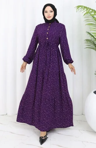 Viscose Fabric Half Buttoned Patterned Dress 0068-01 Purple 0068-01