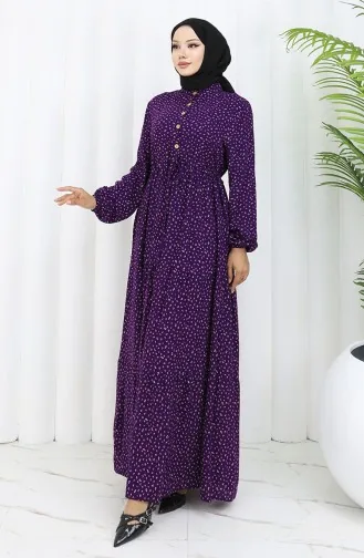 Viscose Fabric Half Buttoned Patterned Dress 0068-01 Purple 0068-01