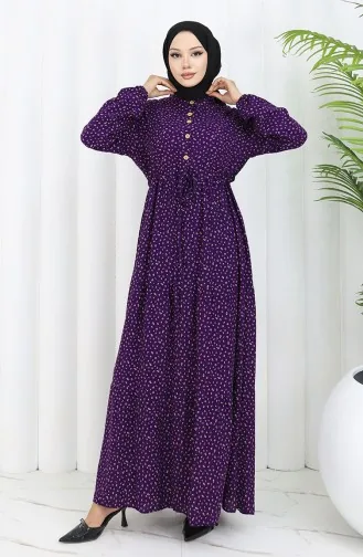 Viscose Fabric Half Buttoned Patterned Dress 0068-01 Purple 0068-01