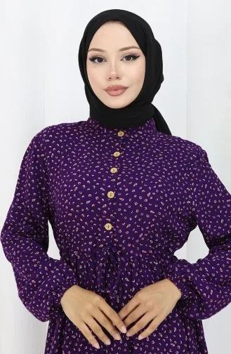 Viscose Fabric Half Buttoned Patterned Dress 0068-01 Purple 0068-01