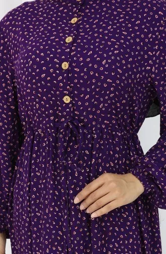 Viscose Fabric Half Buttoned Patterned Dress 0068-01 Purple 0068-01