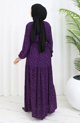 Viscose Fabric Half Buttoned Patterned Dress 0068-01 Purple 0068-01