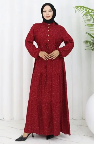 Viscose Fabric Half Buttoned Patterned Dress 0068-03 Claret Red 0068-03