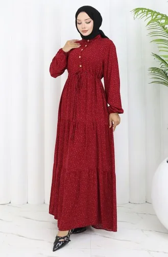 Viscose Fabric Half Buttoned Patterned Dress 0068-03 Claret Red 0068-03