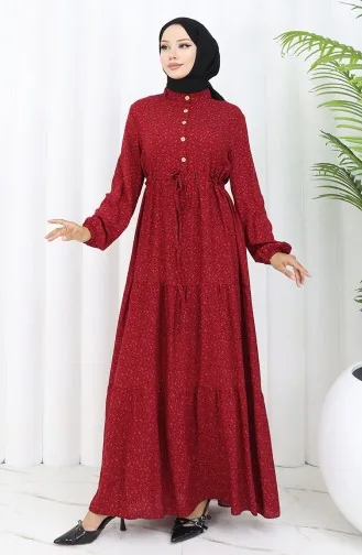 Viscose Fabric Half Buttoned Patterned Dress 0068-03 Claret Red 0068-03
