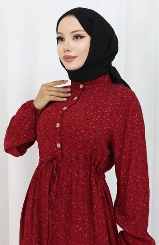 Viscose Fabric Half Buttoned Patterned Dress 0068-03 Claret Red 0068-03