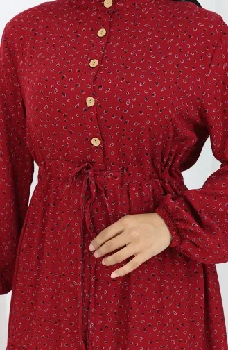 Viscose Fabric Half Buttoned Patterned Dress 0068-03 Claret Red 0068-03
