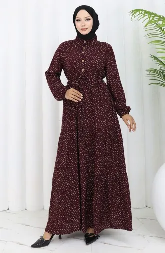 Viscose Fabric Half Buttoned Patterned Dress 0068-04 Brown 0068-04
