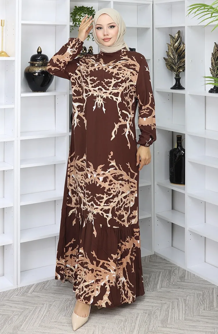 Robe à Motifs En Viscose 2040-04 Vison Marron 2040-04