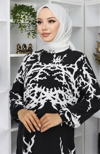فستان منقوش من قماش الفيسكوز 2040-07 أسود وأبيض 2040-07