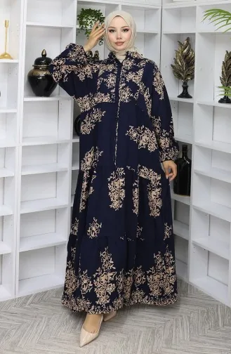 Viskon Kumaş Yarım Düğmeli Elbise 2044-01 Lacivert